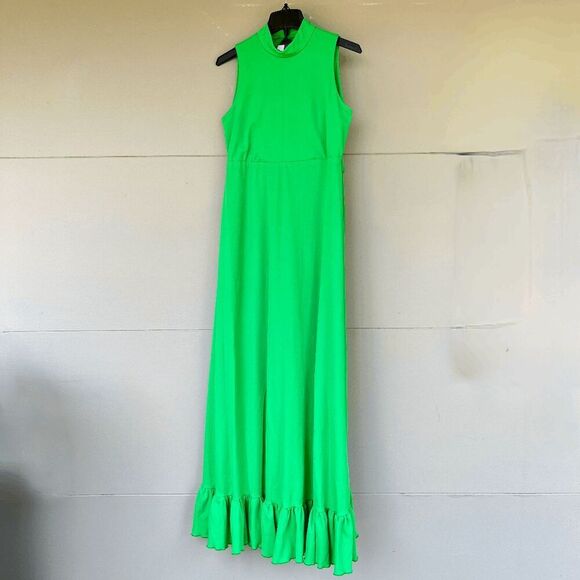 Vintage 60s/70s House of Bianchi Green Maxi Dress M/L Keyhole Back Mod Ruffle He - Picture 3 of 5